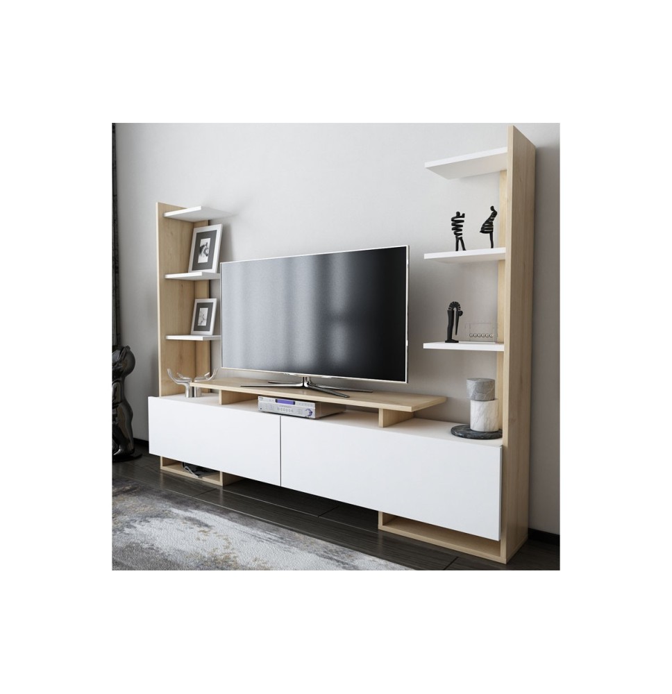 Mueble TV de Roble y Blanco, 183,6x31,5x140cm, con 2 Puertas Abatibles y Múltiples Estantes – Mueble de salón completo Moderno.